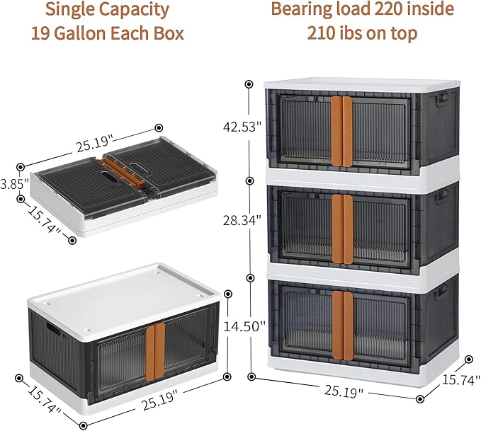 HAIXIN Storage Bins with Lids - Collapsible Storage Bins, Wardrobe Closet Organizer, 19 Gal Stackable Toy Storage, Foldable Plastic Storage Container with Door, Crate for Book Storage (3 Pack)