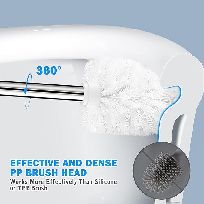 Toilet Brush and Holder, Toilet Brush with 304 Stainless Steel Long Handle, Toilet Bowl Brush for Bathroom Toilet-Elegant-Cleaning-Bristles(White)