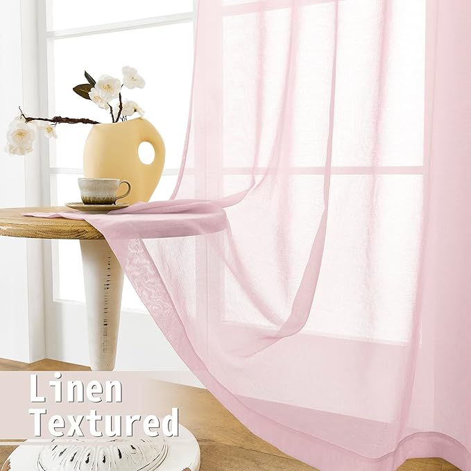 Tollpiz Short Sheer Door Curtain Closet Linen Textured Curtain Sheers Doorway Light Filtering Voile Patio Glass Door Rod Pocket Curtains French Door, 54 x 54 inches Long, Pink, Set of 1 Panel