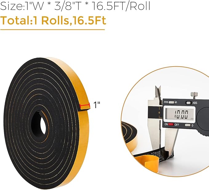 16.5 Feet Weather Stripping Door Seal, 1" Wide X 3/8" Thick Door Seal Strip High Density Foam Tape Adhesive Strip for Door Soundproofing,Window Insulation (1" x 3/8" x 16.5FT,Black)