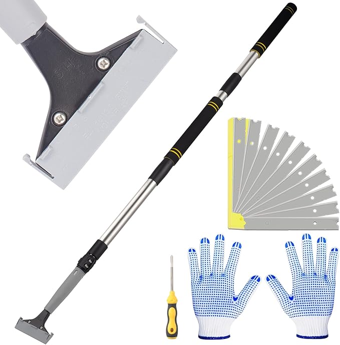 Floor Scraper Telescopic Pole,38 to 82in Heavy Duty 4Inch Razor Blade Long Handle Floor Scrapers Metal Paint Scraper with 10PCS Extra Metal Blades Paint Scraper (Gray, Telescopic 6Feet)
