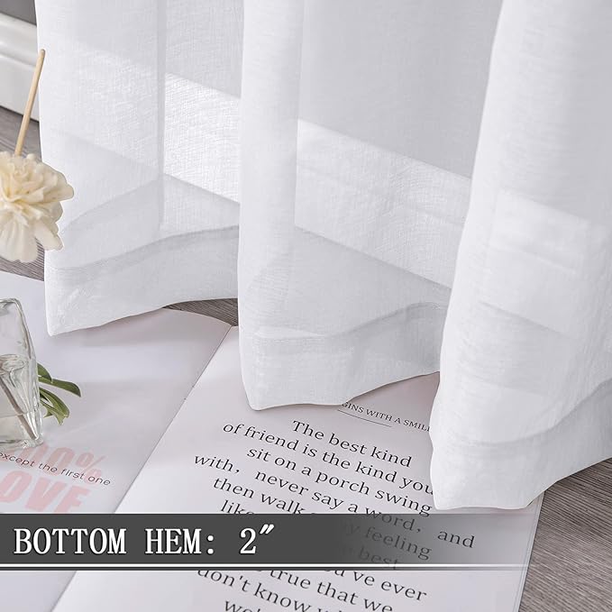 Tollpiz Short Sheer Curtain Linen Textured Living Room Curtains Sheer Light Filtering Rod Pocket Voile Curtain for Bedroom, 42 x 54 inches Long, White, Set of 2 Panels