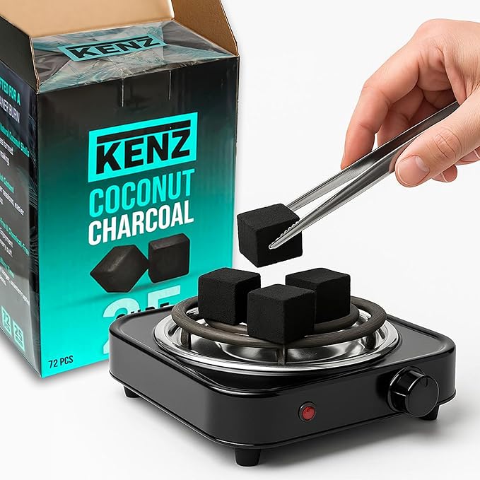 KENZ Charcoal Cubes, 25mm Low Ash Coconut Charcoal Briquettes, 100% Natural Coconut Shells, Completely Odor and Chemical Free, Enjoy a Longer Hotter Burn Time, 72 Cubes