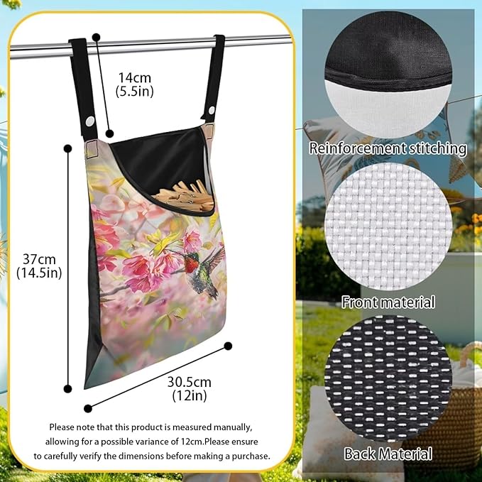 Hummingbird Clothespin Bag with Hanging Rope Cherry Blossom 14.5 x 12 Inch Summer Waterproof Laundry Clothes Pin Holder Clothespin Storage Organizer with Large Opening