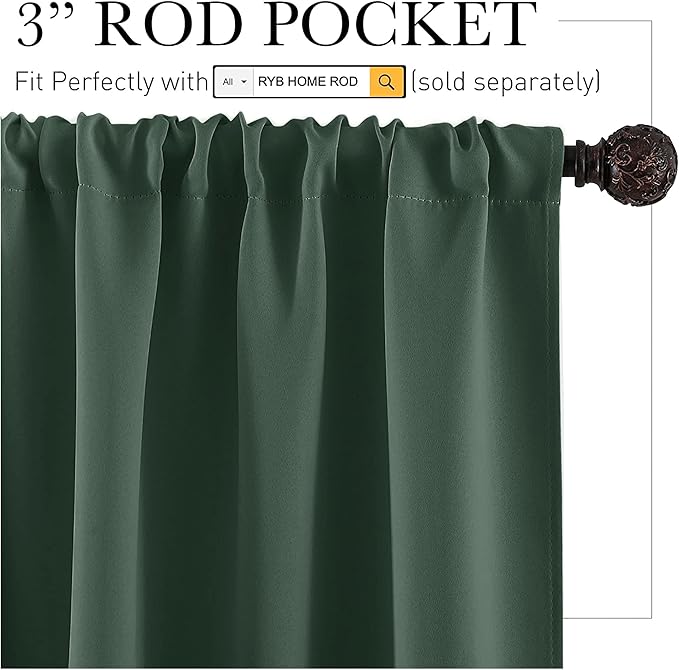 RYB HOME Small Curtains for Door Windows - Blackout Thermal Insulating Drapes for Home Theatre Bathroom Basement Cafe RV Camper Windows Blinds, Wide 34 x Long 30, Dark Green, 1 Pair