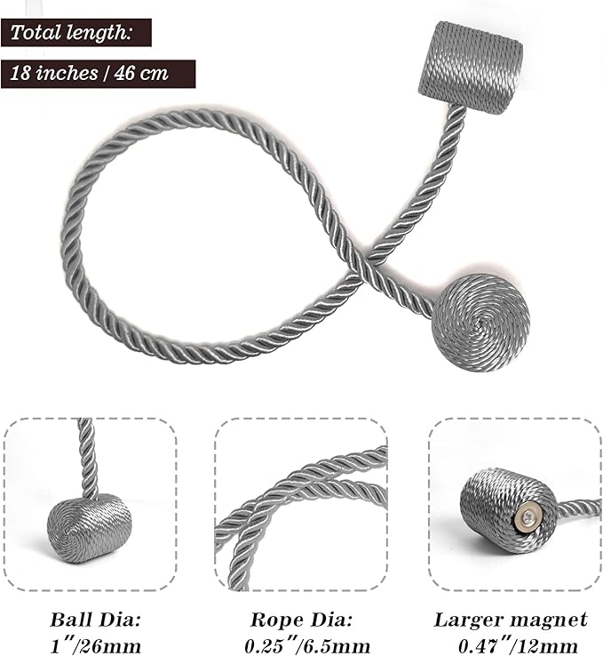Hion Magnetic Curtain Tiebacks Grey 2pcs, Curtain Tiebacks Buckles Holdbacks Holders Hooks Clip for Home Bedroom Office Decorative Curtain