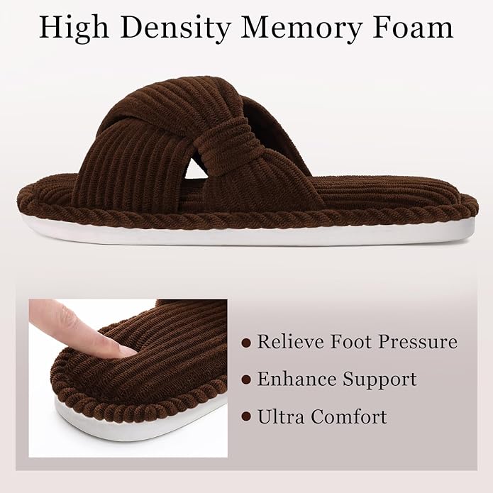 Evshine Summer House Slippers for Women Corduroy Cross Bow Indoor Slippers Open Toe Slip On Bedroom Shoes with Memory Foam