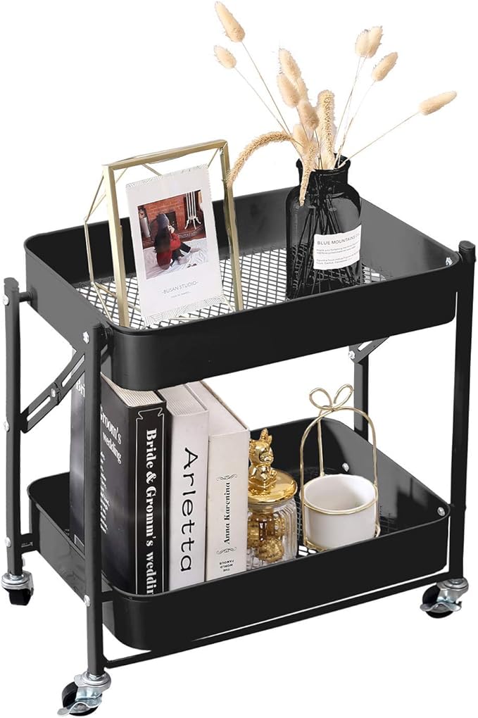 2-Tier Metal Folding Rolling Cart, Mobile Utility Cart Trolley Storage Organizer for Office Home Kitchen Organization, Sofa Side End Table with Wheels, Black