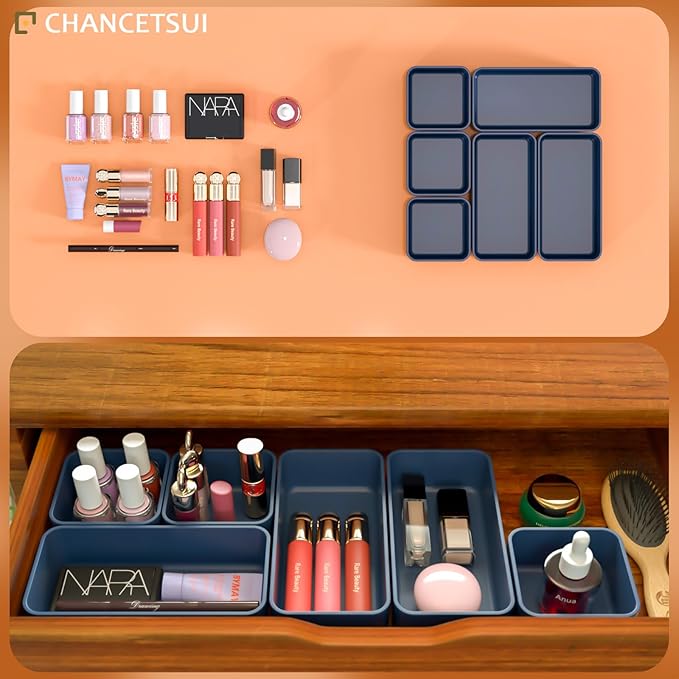 6 Pcs Stackable Drawer Organizer Set Desk Drawer Dividers, Bathroom Vanity Cosmetic Makeup Trays , Multipurpose Plastic Storage Bins for Jewelries, Kitchen Gadgets and Office Accessories, Blue