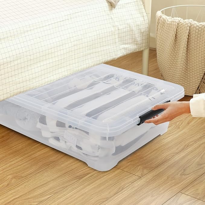 40 Quarts Under Bed Storage Boxes with Wheels, Large Plastic Shallow Tote Bins Set of 4