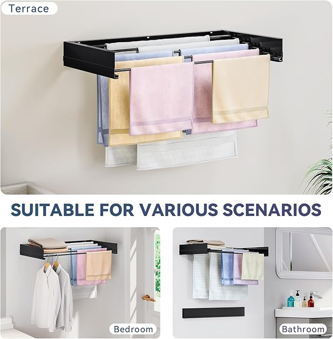APEXCHASER Wall Mounted Clothes Drying Rack, Laundry Drying Rack Foldable, Towel Racks for Bathroom Balcony Laundry Room Wall Mounted, Collapsible Drying Rack for Clothing, 31.5", Black