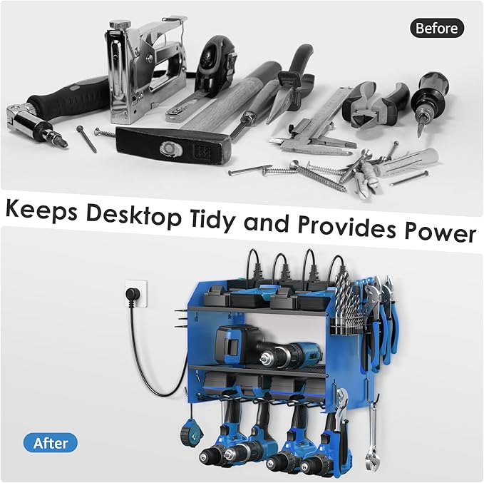 CCCEI Modular Power Tool Organizer Wall Mount with Charging Station. Garage 4 Drill Storage Shelf with Hooks, Screwdriver, Drill Bit Heavy Duty Rack, Tool Battery Holder Built in 8 Outlet Power Strip.