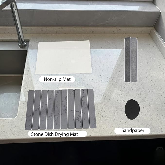 Stone Drying Mat for Kitchen Counter 24"×16" ,Large Dish Drying Mat with Drainage Grooves, Non-Slip Silicone Drying Mat, Absorbent Counter Protector for Dishes, Utensils