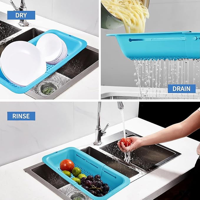 LASSHSWA Collapsible Colander and Strainer for Kitchen, Over the Sink Strainer Basket for Kitchen, Fruit Pasta Food Strainer Expandable Plastic Colander with A Sink Drain Strainer Stainless Steel