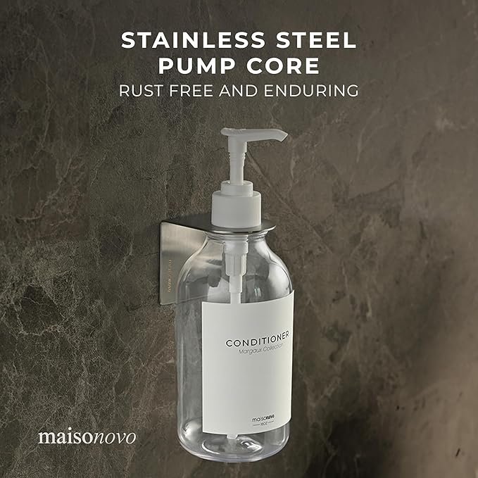 MaisoNovo Shampoo and Conditioner Dispenser - Shower Soap Dispenser Wall Mounted - 16.9 fl oz Set of 1 Clear Plastic Bottles White Pump - 1 Chamber No Drill