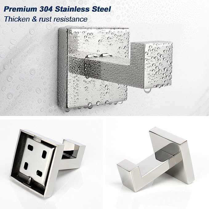 NearMoon Bath Towel Hooks -SUS304 Stainless Steel Square Clothes Robe Hooks Hanger, Heavy Duty Coat Hooks for Bathroom Livingroom Hotel Kitchen Garage, Wall Mounted - 3 Pack (Chrome Finish)