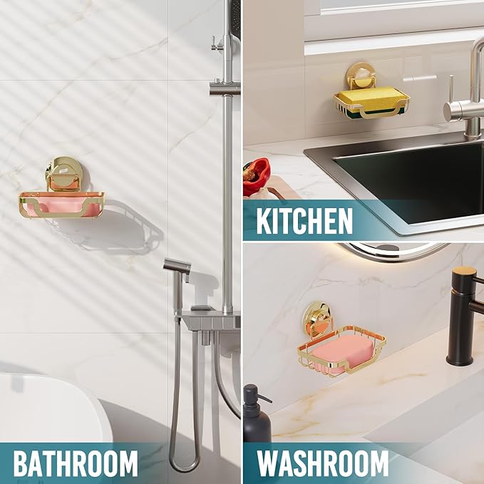 TAILI Soap Holder Bar Dish Suction Cup, Bar Shampoo Rack for Shower Wall, Draining Soap Saver Tray for Bathroom, Rustproof Stainless Steel Sponge Holder for Tub, Kitchen, Drill-Free, Gold
