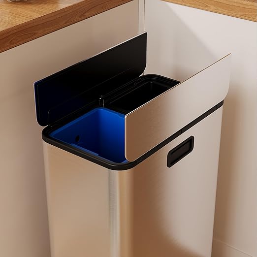15-Gallon Dual Trash Can, Step-On Pedal Kitchen Trash Bin with Butterfly Lid, Odor-Proof Stainless Steel Large Trash Recycle Bin Combo with Removable Inner Buckets (2 x 28L) - Silver