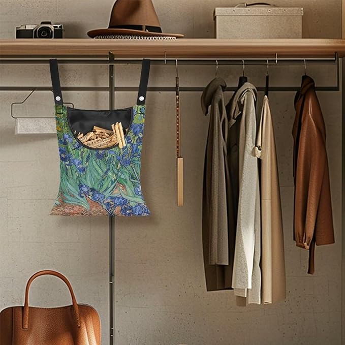 Famous Oil Painting Iris Print Home Clothespin Organizer Bag 14.5"x12" - Large Opening Design for Easy Access - Weather Resistant Hanging Storage Solution for Laundry Rooms Decor