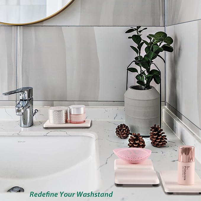 2 Pcs Water Absorbing Stone Trays, Kitchen/Bathroom Sink Soap Dish, Diatomite Tray Used for Hand Soap & Cosmetic Bottles in The Modern Home, 3.15" W x 6.3" L, White