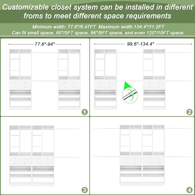 Closet System, Up to 134"/11.2 FT Closet Organizer with 4 Wooden Drawers and Shelves, Walk-in Closet System with 6 Hanging Rods, Built-in Closet Can Fit 96"/8FT, 120"/10FT, White