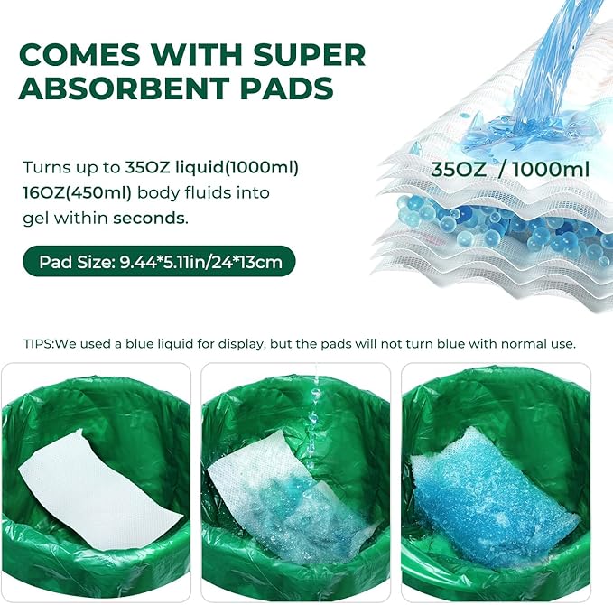 Commode Liners with Absorbent Pads, 60Pack Tear-Free Leak-Proof Bedside Commode Liners, Universal Disposable Commode/Bed Pan Liners for Bedside Commode, Standard Toilet, Chair Bucket(60Bags+60Pads)