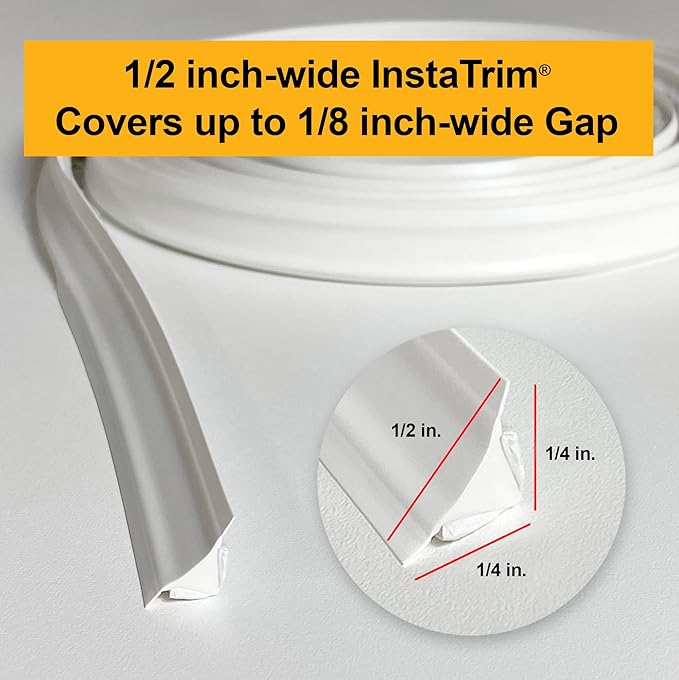 InstaTrim New & Improved Self-Adhesive Caulk Trim, 1/2" x 10', 2-Pack, Flexible, Waterproof, Stain Resistant for Bathroom, Floors, Walls, DIY Project, White
