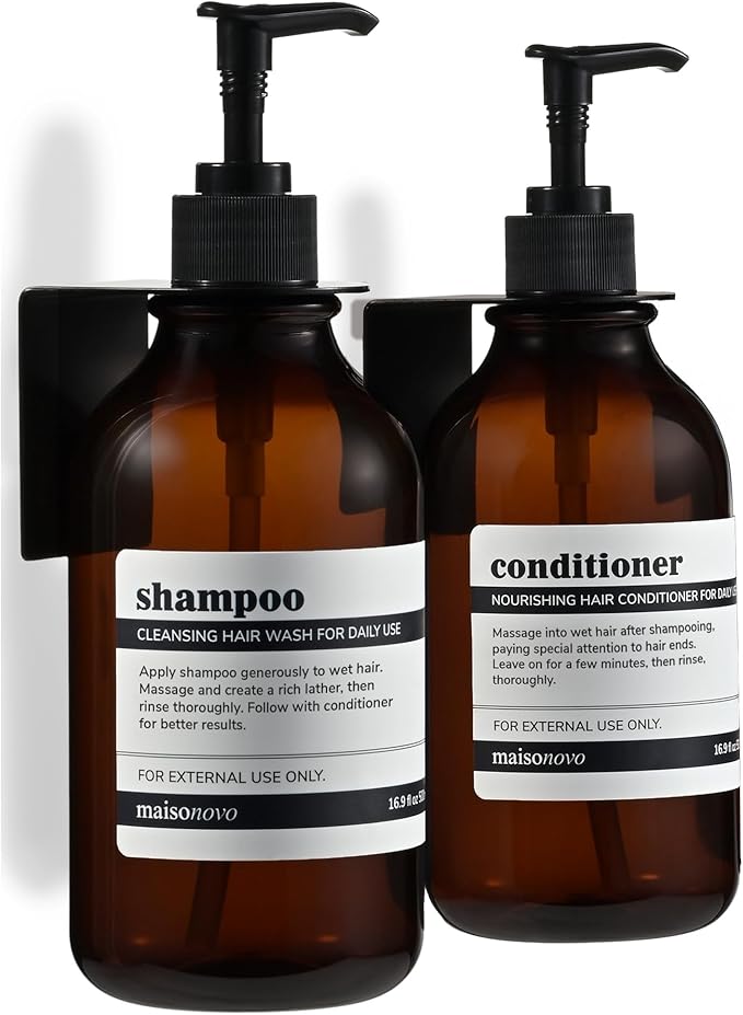 MaisoNovo Shampoo and Conditioner Dispenser - Shower Soap Dispenser Wall Mounted - 16.9 fl oz Set of 2 Amber Plastic Bottles Black Pump - Shampoo Dispenser, Shower Dispenser 2 Chamber No Drill