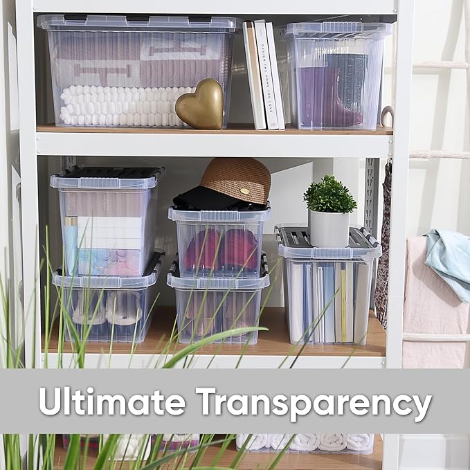 Superio Clear Storage Boxes with Attached Lids, Plastic Container Bins with Hinged Lids for Organizing, Stackable Crates, BPA Free, Non Toxic Organizers (4 Pack, 17"x11.65"x8.75")