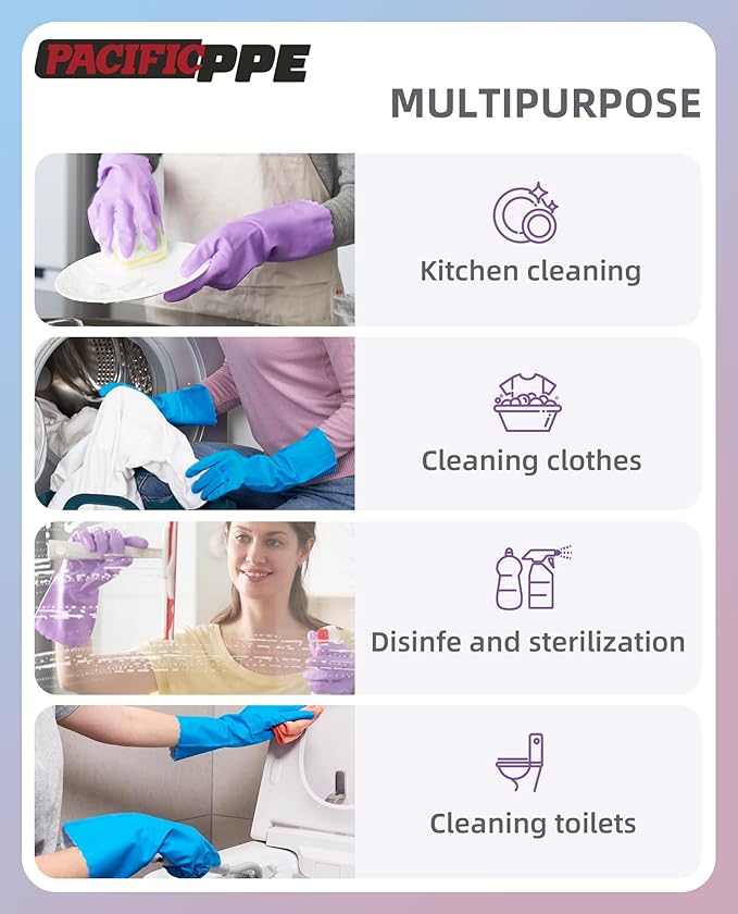 PACIFIC Cleaning Gloves with Latex free, Dishwashing Kitchen Gloves with Cotton Flocked Liner, Reusable, Non-Slip, Water Resistant Household Gloves, Blue, Large