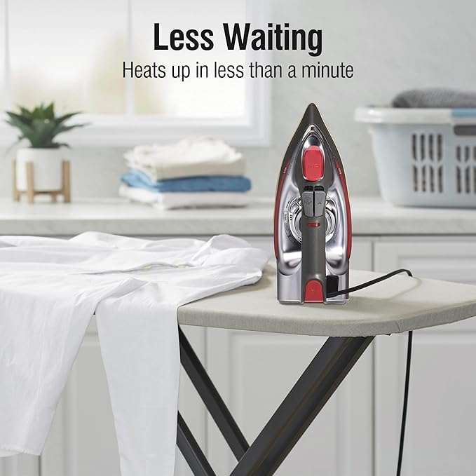 CHI Steam Iron for Clothes with 8’ Retractable Cord, 1700 Watts, 3-Way Auto Shutoff, 400+ Holes, Professional Grade, Temperature Control Dial, Titanium Infused Ceramic Soleplate, Silver (13106)