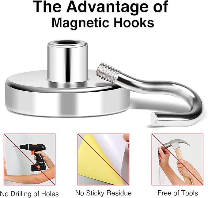 MIKEDE Magnetic Hooks, 80Lbs+ Heavy Duty Magnetic Hooks for Cruise Cabins, Super Neodymium Hanging Hooks Strong Magnets with Hook for Fridge, Magnetic Hanger for Grill, Toolbox, Storage, 4 Pack