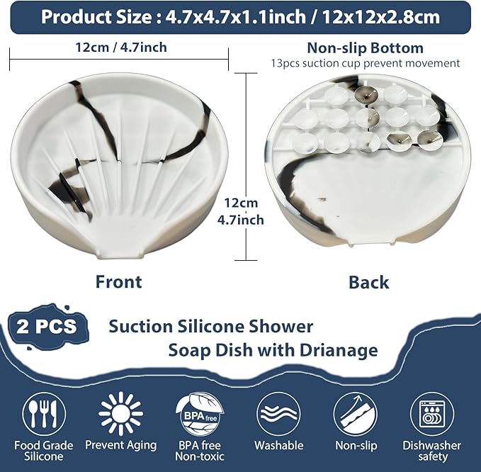 Self Draining Soap Dish, Silicone Suction Cup Soap Holder Tray Savers Container Sponge Holder for Bar Bathroom Shower Kitchen Sink, Can Extend Soap Life (2, White)
