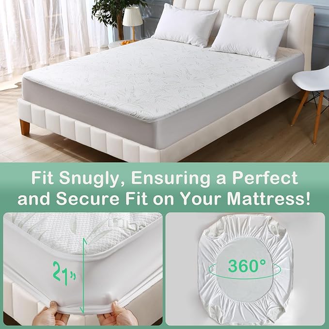 Twin XL Mattress Protector Waterproof Mattress Pad Washable Bamboo Rayon Mattress Cover Breathable Noiseless Bed Protector 5" - 21'' Elastic Fitted Deep Pocket