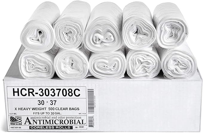 Aluf Plastics HCR-303708C High Density Star Sealed Coreless Roll Bags, 30 gal, Polyethylene, 30" x 37", Clear (1 Pallet of 100 Packs, 50000 Count Total)
