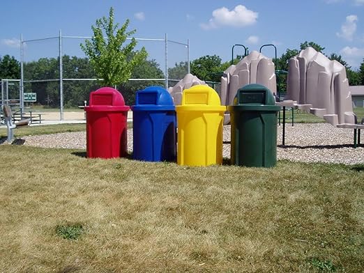 42 Gallon Circle 100% Recycled Plastic Heavy Duty Outdoor Commercial Trash Can with Push Open Dome Lid and Internal Liner - Great for Schools and Businesses - Red