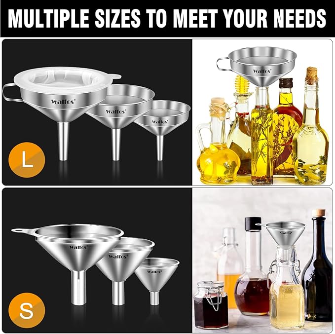 Stainless Steel Funnel, Walfos 6 Different Sizes of Kitchen funnels with 2 Removable Strainer ＆ 1Pcs Cleaning Brush, 200 Mesh Food Filter Strainer,for Transferring of Liquid, Oils, Jam, Powder