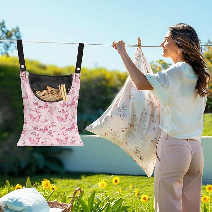 2 Pcs Butterflies Print Clothespin Bag for Clothes Pins Heavy Duty Outdoor Use, Laundry Clothesline and Clothes Pin Holder Clothespin Bag