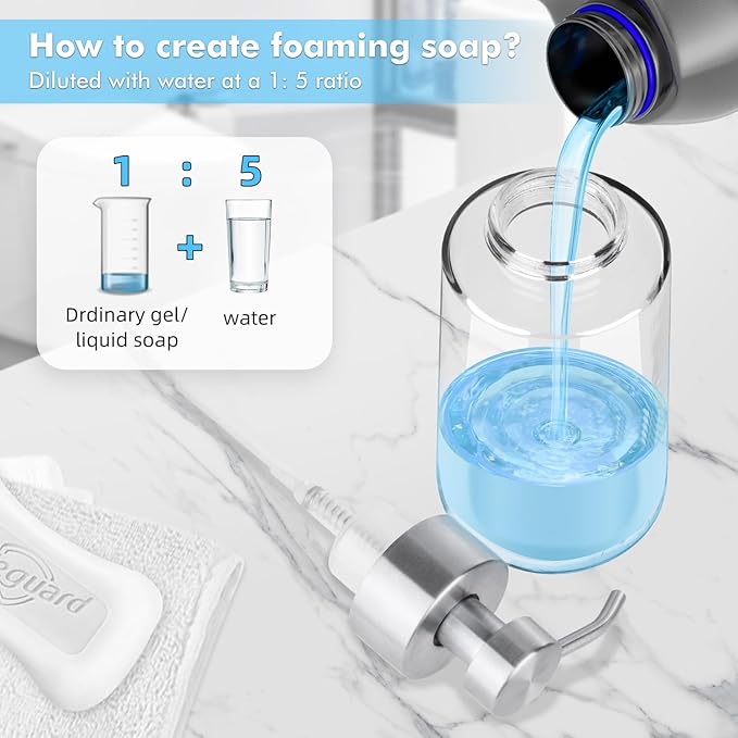 2 Pack Glass Foaming Soap Dispenser With Waterproof Labels, Hand and Dish Set, Rust Proof Stainless Steel Pump, 15 Oz Clear Bottle for Kitchen & Bathroom