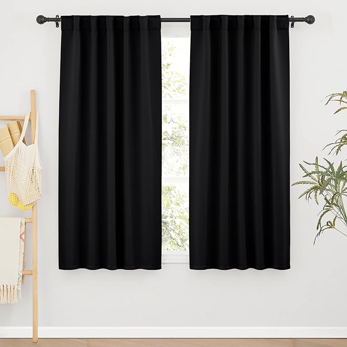 RYB HOME Short Black Curtains for Bedroom, Blackout Thermal Insulated Curtains and Drapes Small Window Treatment Privacy Shades for Kitchen Farmhouse Closet, W42 x L63 inch, 2 Panels