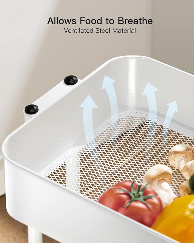 Pipishell 3 Tier Metal Rolling Utility Cart, Heavy-Duty Storage Rolling Cart with 2 Lockable Wheels, Multifunctional Mesh Organization Utility Cart for Kitchen Dining Room Living Room (White)