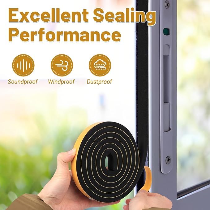 Weather Stripping Soundproof, 1/2 in x 3/8 in Weatherproof Foam Insulation Tapes, High Density Weatherstrip Seal Strips for Sliding Door Window, 2 Rolls Total 13Ft