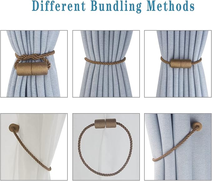Magnetic Curtain Tiebacks 6 Pack Khaki Curtain Rope Tieback Curtain Holders for Drapes Modern Tie Backs Decorative Curtain Holdbacks