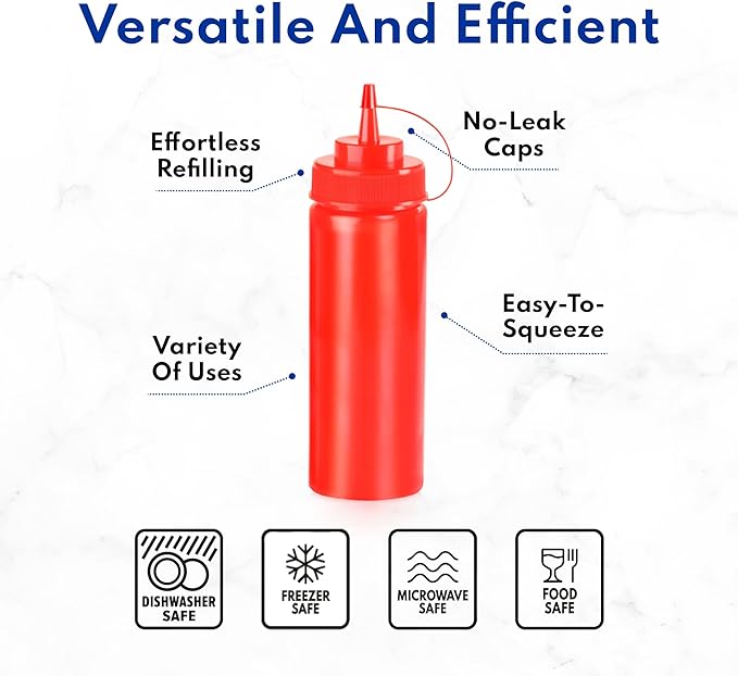 New Star Foodservice 26405 Squeeze Bottles, Plastic, Wide Mouth, 24 oz, Red, Pack of 6