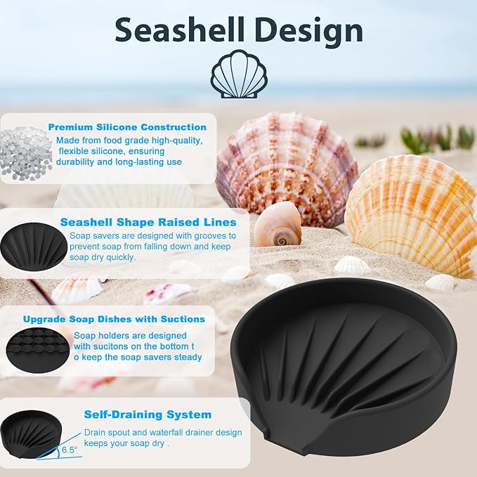 Self Draining Soap Dish, Silicone Suction Cup Soap Holder Tray Savers Container Sponge Holder for Bar Bathroom Shower Kitchen Sink, Can Extend Soap Life (1, Black)