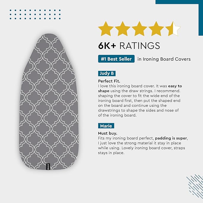 Encasa XO Ironing Board Cover and Pad 57"x22" - Thick 3mm Felt Padding, Drawstring Tightening & Lock, Easy Fit, Scorch & Stain Resistant, Fits X-Large Ironing Board - Daisy Grey