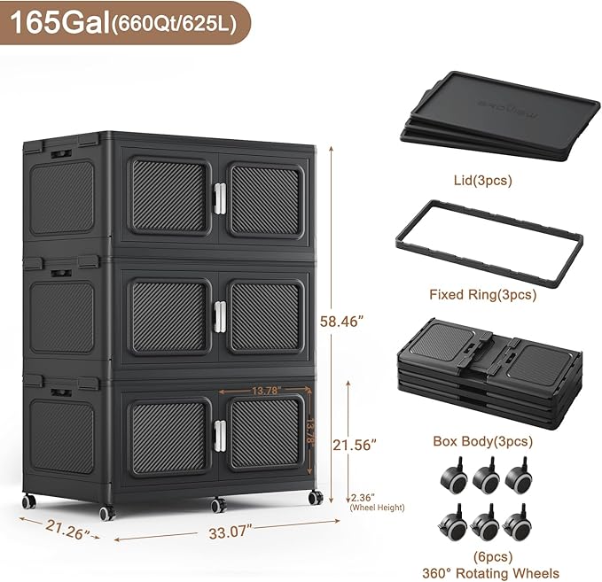 BROVIEW 660 Qt Stackable Storage Bin with Lids, 165Gal Extra Large Collapsible Storage Boxes, Folding Plastic Drawer, Heavy-Duty Store Cabinet, Closet Organizer for Home Kitchen, 3 Pack Black