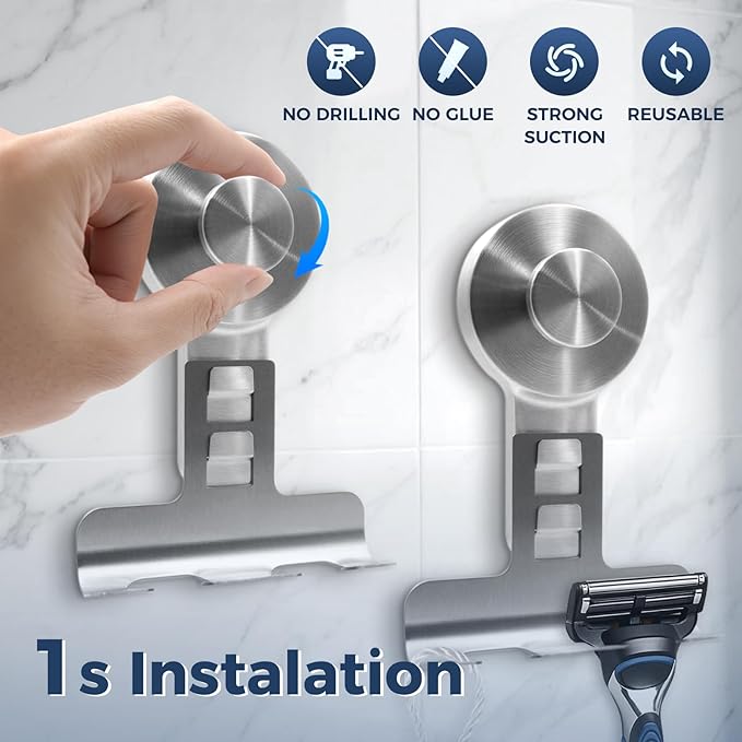 Suction Cup Razor Holder for Shower Wall 2 Pack,Heavy-Duty 15lbs Suction Hooks for Razor,Towel,Phone,Loofah, Removable Damage-Free Metal Shower Hook,Shaver Holder(Silver)