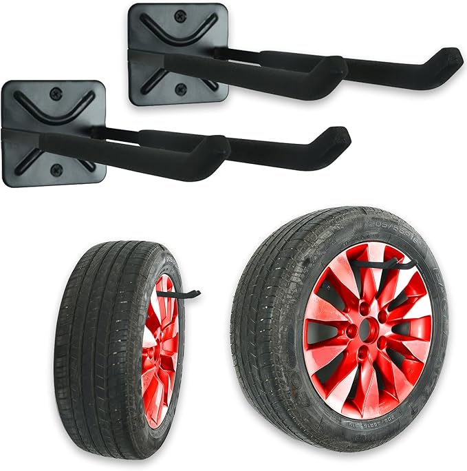 Wallmaster Wall Mount Garage Hooks, 2Pcs Heavy Duty Long Utility Storage Hooks for Hanging Tire, Chair, Ladder, Garden Tools, Strollers and More