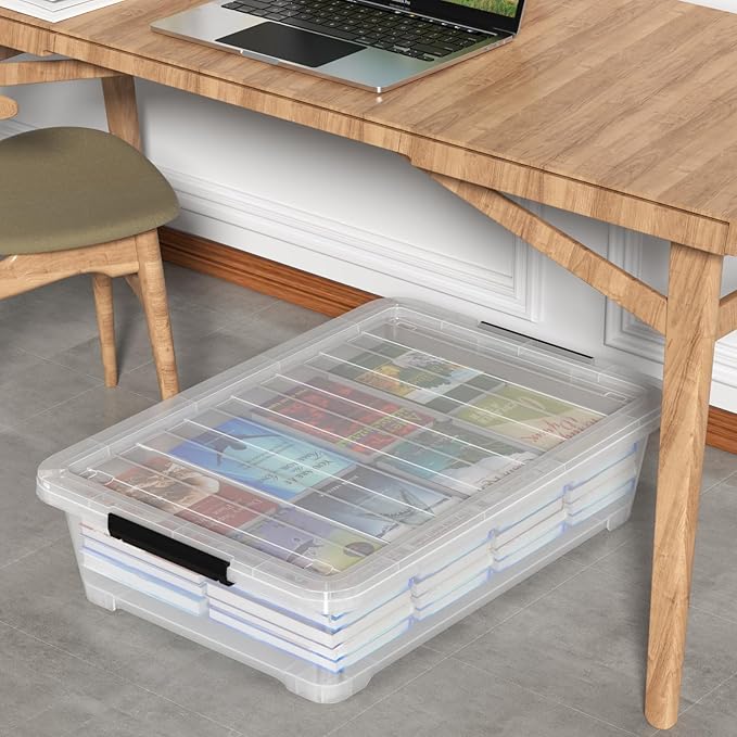 Rosebloom 40 Quart Plastic Under Bed Storage Bins with Lid, Clear Storage Containers Under Bed, 3 Packs